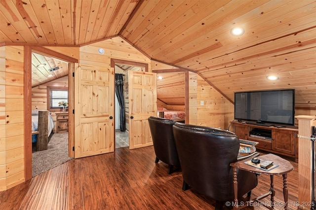 office featuring wooden ceiling, wood walls, dark wood finished floors, and lofted ceiling