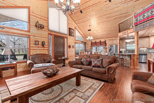 living area featuring high vaulted ceiling, wood ceiling, wood walls, a notable chandelier, and hardwood / wood-style flooring