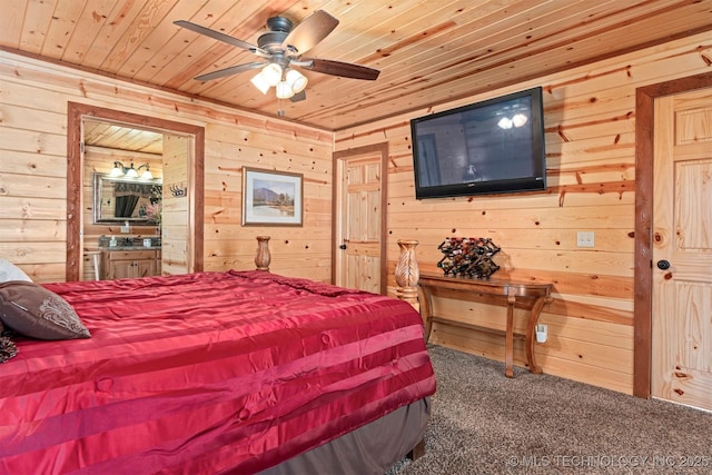 bedroom with wooden walls, wooden ceiling, a ceiling fan, and carpet floors