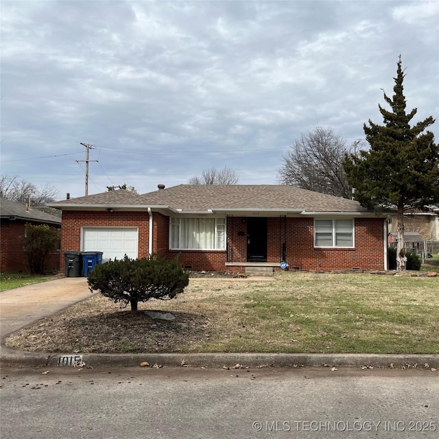 ranch-style home with a shingled roof, a garage, concrete driveway, brick siding, and a front lawn