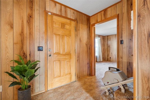 14531 S 107th W Ave, Sapulpa, OK 74066 - hall with wood walls, carpet flooring, a textured ceiling, and crown molding
