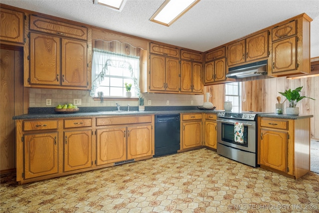 14531 S 107th W Ave, Sapulpa, OK 74066 - kitchen featuring under cabinet range hood, dishwasher, brown cabinets, and electric range