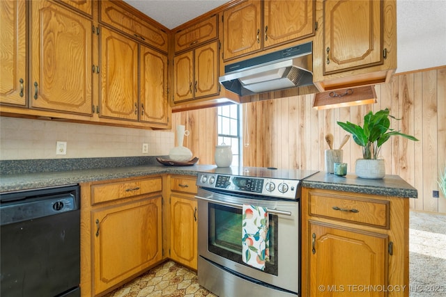 14531 S 107th W Ave, Sapulpa, OK 74066 - kitchen with brown cabinets, stainless steel electric range, black dishwasher, and under cabinet range hood