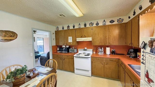 84936 S 4612th Rd, Stilwell, OK 74960 - kitchen featuring white range with electric stovetop, under cabinet range hood, a textured ceiling, brown cabinetry, and light flooring