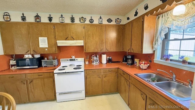 kitchen featuring white electric range oven, under cabinet range hood, a sink, a textured ceiling, and light countertops