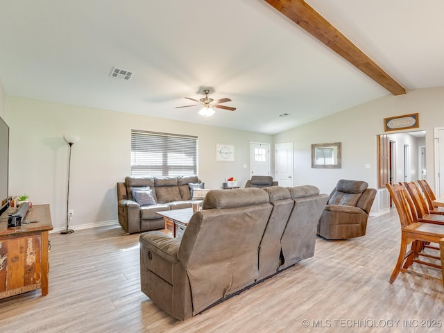 living room with visible vents, baseboards, lofted ceiling with beams, ceiling fan, and light wood-style flooring