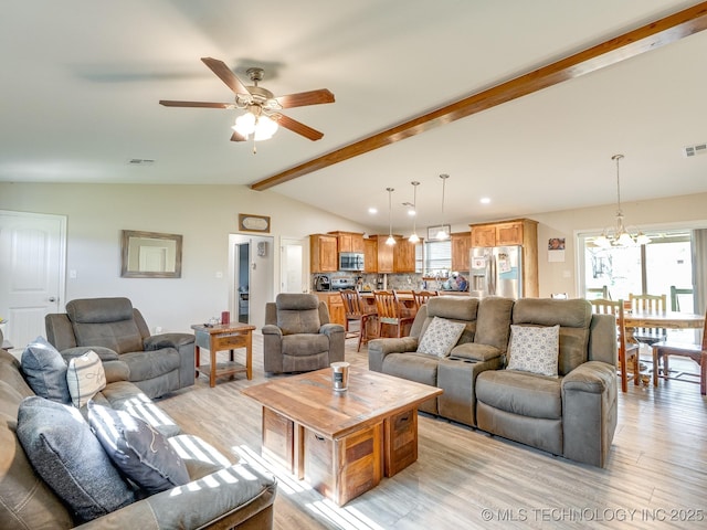 living area with light wood-style floors, visible vents, ceiling fan with notable chandelier, and vaulted ceiling with beams