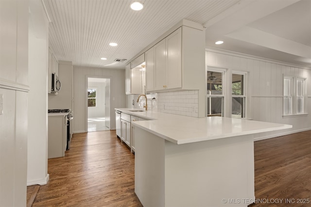 3004 E 49th St, Tulsa, OK 74105 - kitchen with a peninsula, recessed lighting, appliances with stainless steel finishes, a sink, and light countertops