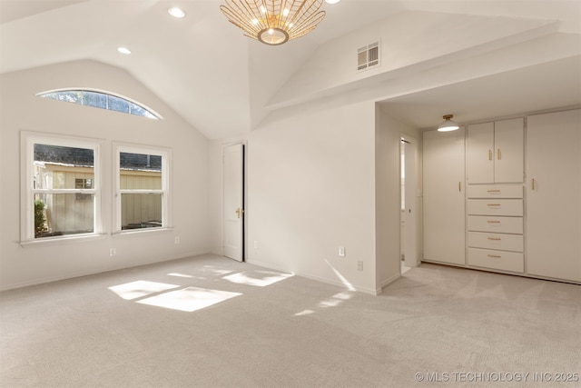 3004 E 49th St, Tulsa, OK 74105 - interior space with baseboards, recessed lighting, visible vents, lofted ceiling, and light colored carpet