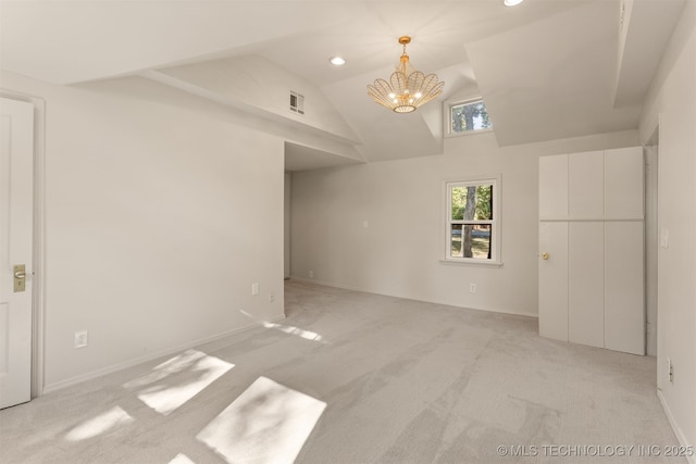 3004 E 49th St, Tulsa, OK 74105 - spare room with visible vents, a chandelier, recessed lighting, high vaulted ceiling, and light colored carpet