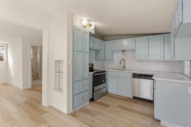 3004 E 49th St, Tulsa, OK 74105 - kitchen with appliances with stainless steel finishes, light countertops, light wood-style floors, decorative backsplash, and a sink