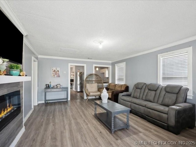 living area featuring crown molding, a glass covered fireplace, wood finished floors, and a textured ceiling