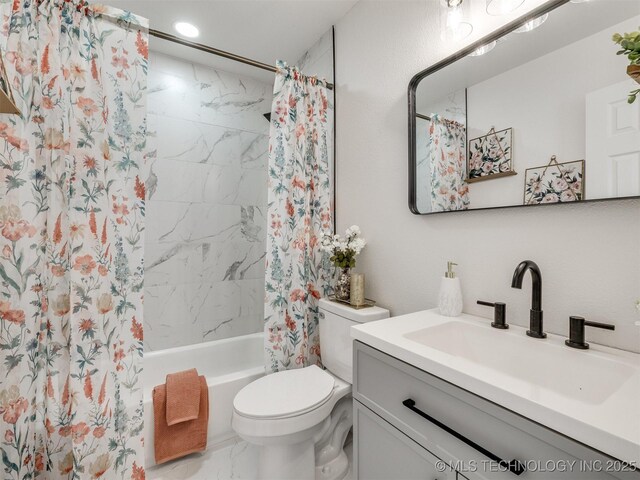 1809 N Delaware Pl, Tulsa, OK 74110 - full bath with shower / bath combo, vanity, marble finish floor, and toilet