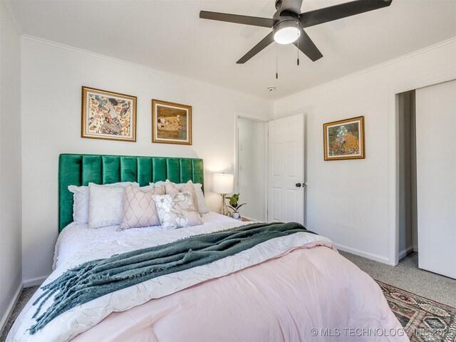 1809 N Delaware Pl, Tulsa, OK 74110 - carpeted bedroom featuring crown molding, ceiling fan, and baseboards