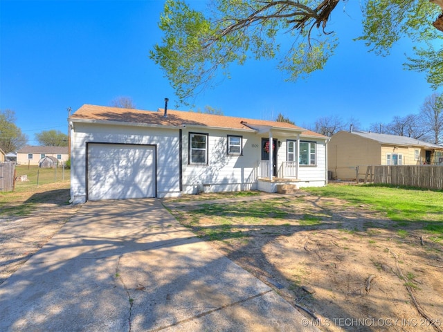 1809 N Delaware Pl, Tulsa, OK 74110 - view of front of home with a front yard, a shingled roof, a garage, fence, and driveway