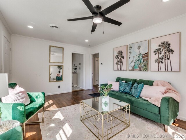1809 N Delaware Pl, Tulsa, OK 74110 - living area with visible vents, ornamental molding, a ceiling fan, recessed lighting, and wood finished floors