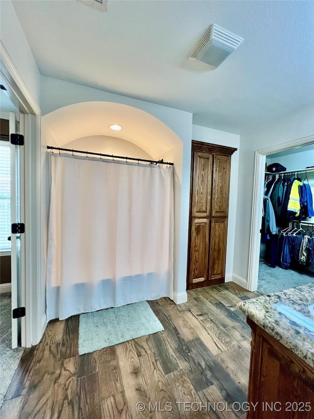 2516 Stage Coach Ave, Durant, OK 74701 - bathroom featuring vanity, baseboards, a walk in closet, visible vents, and wood finished floors