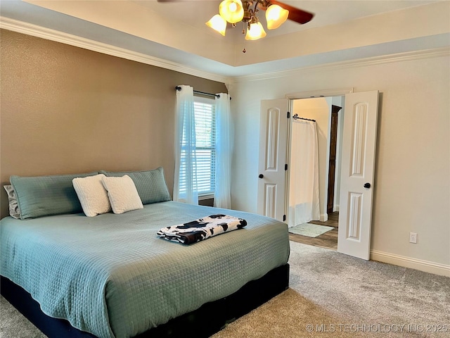 2516 Stage Coach Ave, Durant, OK 74701 - bedroom featuring carpet, baseboards, crown molding, and ceiling fan