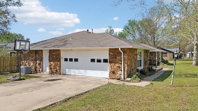 10785 E Dogwood Ct, Claremore, OK 74019 - view of property exterior featuring driveway, stone siding, an attached garage, a shingled roof, and a lawn