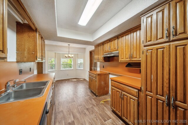 10785 E Dogwood Ct, Claremore, OK 74019 - kitchen with an inviting chandelier, light wood-type flooring, under cabinet range hood, a sink, and brown cabinets
