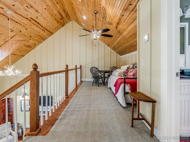 263 Eagles Nest Path, Stigler, OK 74462 - bedroom featuring wooden ceiling, vaulted ceiling, and a notable chandelier