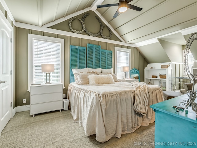 263 Eagles Nest Path, Stigler, OK 74462 - bedroom featuring ceiling fan, lofted ceiling, and carpet flooring