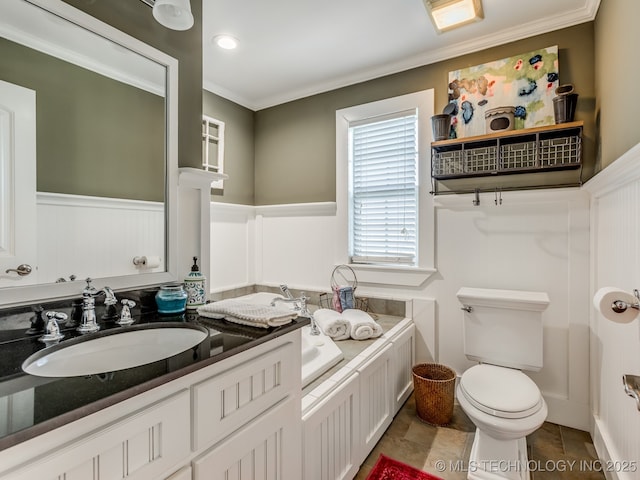 263 Eagles Nest Path, Stigler, OK 74462 - full bath with a wainscoted wall, double vanity, toilet, a sink, and crown molding