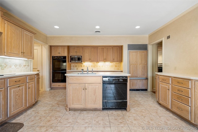 kitchen with crown molding, a sink, black appliances, light countertops, and backsplash