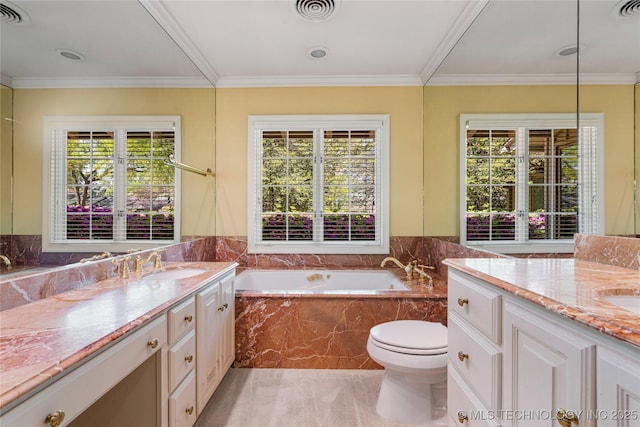 bathroom with a bath, visible vents, toilet, and vanity