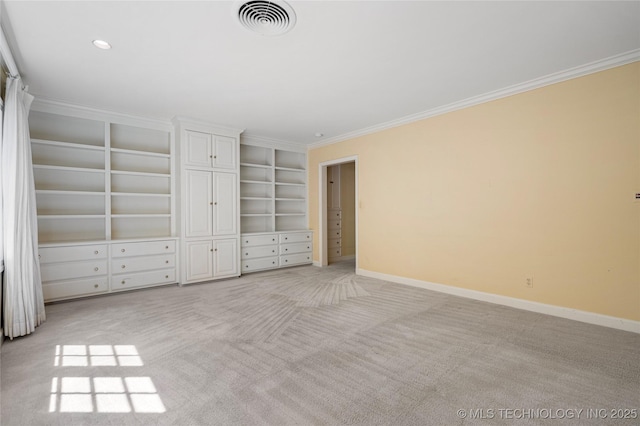 unfurnished bedroom with light carpet, baseboards, visible vents, and crown molding