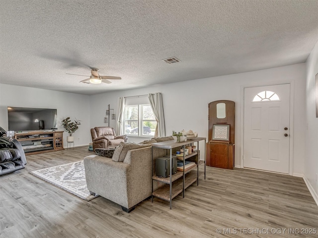 721 Ladd Ave W, Depew, OK 74028 - living area featuring light wood-style flooring, a ceiling fan, and a textured ceiling