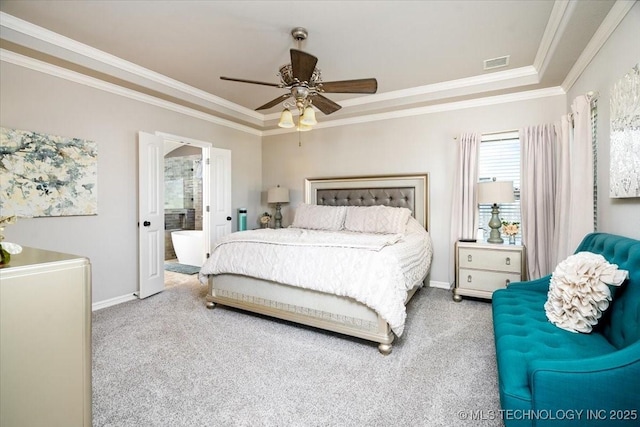 6807 E 125th St S, Bixby, OK 74008 - carpeted bedroom with a tray ceiling, visible vents, baseboards, and ornamental molding
