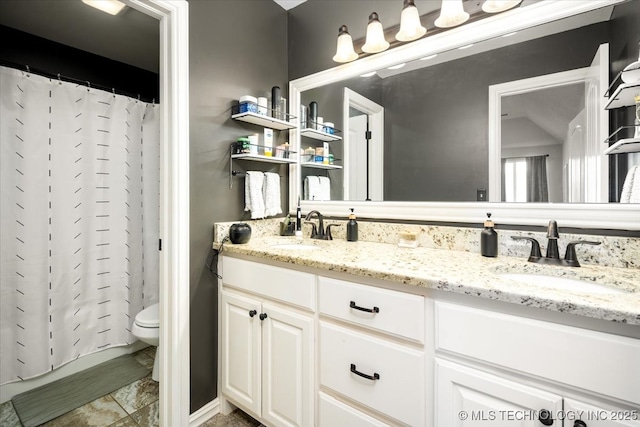 6807 E 125th St S, Bixby, OK 74008 - full bathroom featuring a sink, toilet, double vanity, and curtained shower