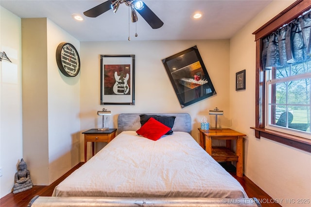 bedroom with recessed lighting, ceiling fan, and wood finished floors