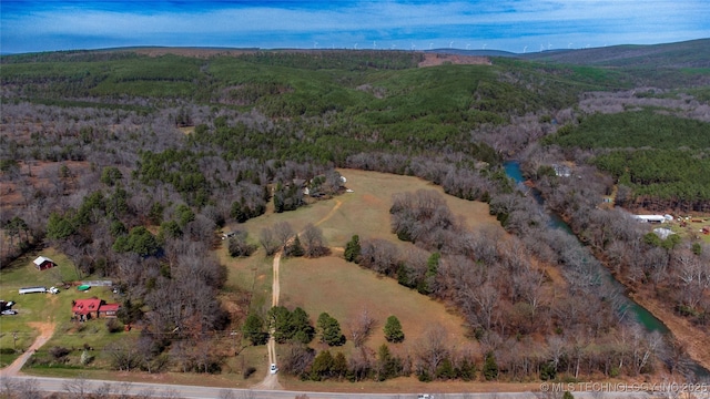 birds eye view of property with a mountain view and a view of trees