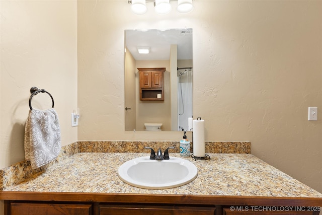 full bathroom featuring toilet, vanity, and a shower with shower curtain
