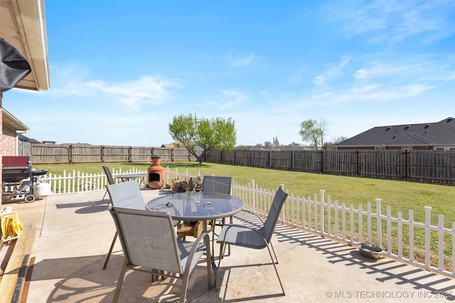 view of patio featuring a fenced backyard and outdoor dining area