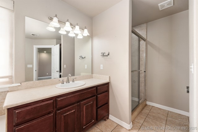 705 SW 20th St, Wagoner, OK 74467 - bathroom featuring vanity, baseboards, tile patterned flooring, a shower stall, and visible vents