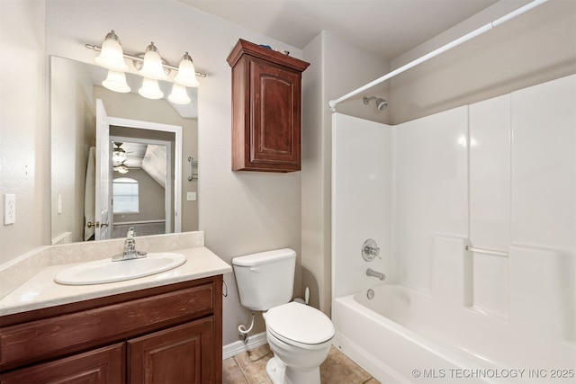 705 SW 20th St, Wagoner, OK 74467 - bathroom with ceiling fan, vanity, tile patterned flooring, toilet, and shower / bath combination