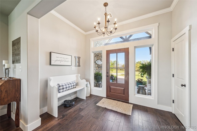 369102 E 960 Road, Road, OK 74833 - entrance foyer with crown molding, dark wood-style flooring, a notable chandelier, and baseboards