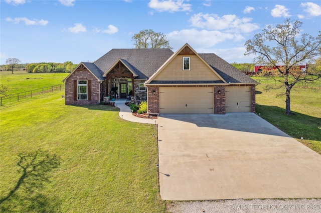 369102 E 960 Road, Road, OK 74833 - craftsman-style home featuring concrete driveway, a front lawn, brick siding, fence, and a shingled roof