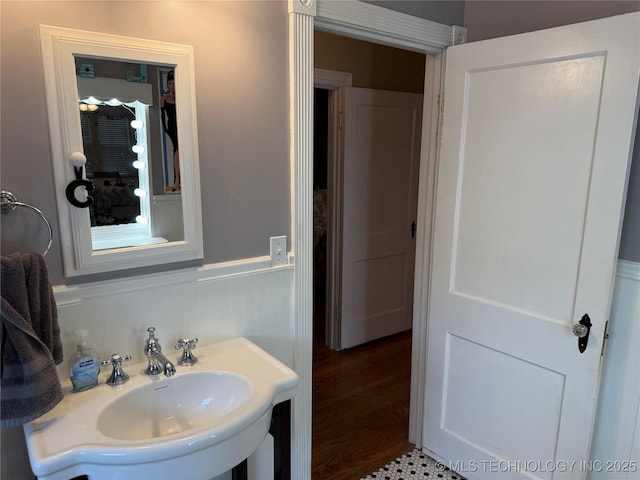 bathroom featuring a wainscoted wall, wood finished floors, and a sink