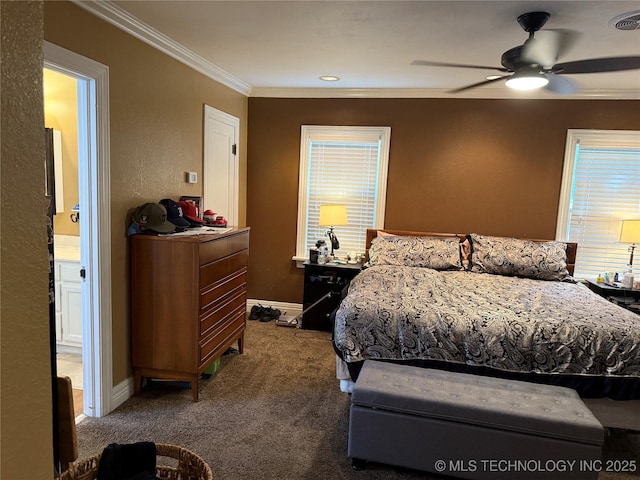 1400 Hillcrest, Bartlesville, OK 74003 - bedroom with carpet floors, crown molding, baseboards, ceiling fan, and ensuite bath