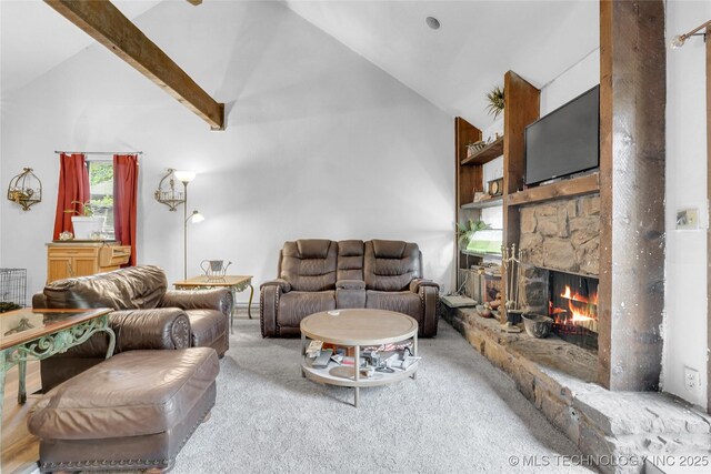 6370 S 29th W Pl, Tulsa, OK 74132 - carpeted living area featuring a fireplace, high vaulted ceiling, and beamed ceiling