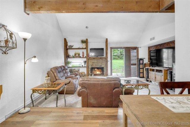 6370 S 29th W Pl, Tulsa, OK 74132 - living room with light wood-style flooring, a fireplace, beamed ceiling, baseboards, and high vaulted ceiling