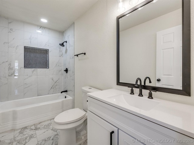 4916 S Cincinnati Ave, Tulsa, OK 74105 - full bathroom featuring recessed lighting, marble finish floor, toilet, shower / bathtub combination, and vanity