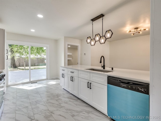 4916 S Cincinnati Ave, Tulsa, OK 74105 - kitchen with recessed lighting, marble finish floor, white cabinets, dishwasher, and a sink