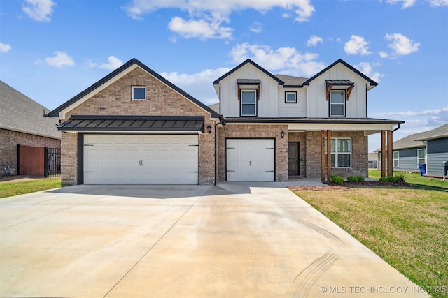 view of front facade featuring concrete driveway, brick siding, board and batten siding, and a front lawn