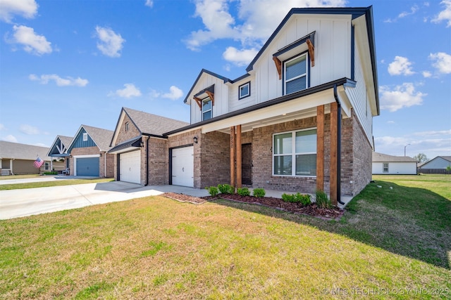 view of front of house featuring concrete driveway, brick siding, board and batten siding, and a front lawn