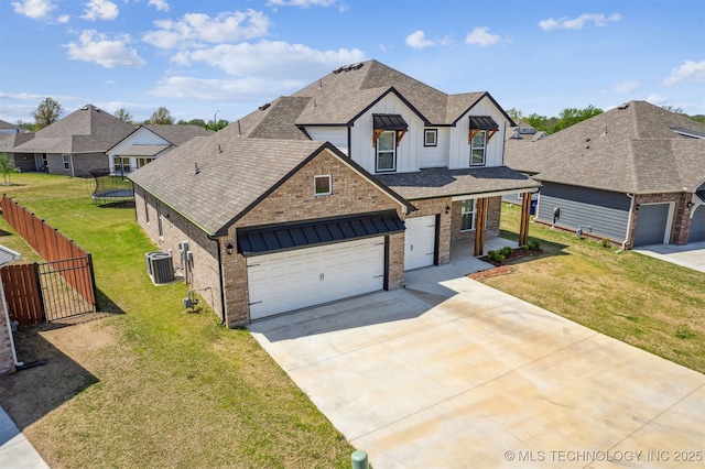 traditional home featuring board and batten siding, cooling unit, fence, a shingled roof, and driveway